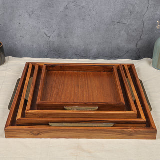square wooden trays with brass handles